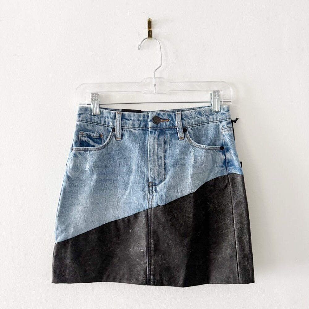 NEW BlankNYC Born To Ride Denim & Vegan Leather Mini Skirt Size 24